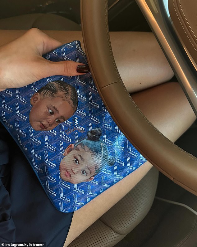 Kylie also flaunted a custom Goyard bag that featured her children's faces.