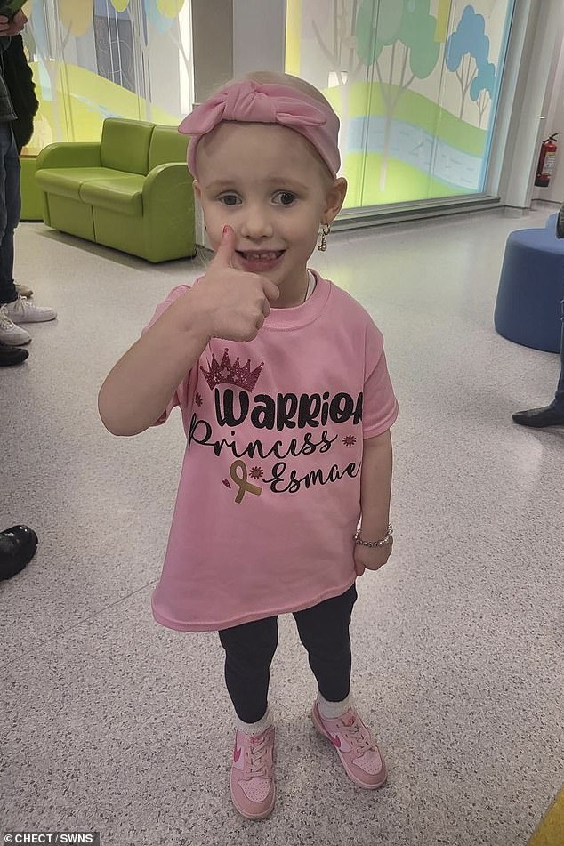 Esmae had her right eye removed at the end of July, but just a month later, in August, she was dealt another devastating blow. Doctors had discovered cancer cells in her optic nerve during a biopsy after her eye was removed.