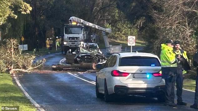 The male driver died at the scene (pictured) while his female passenger was airlifted to hospital where she is fighting for her life.