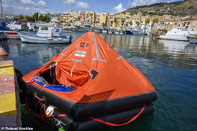 A life raft belonging to the yacht Bayesian at the scene of the accident in the port of Porticello