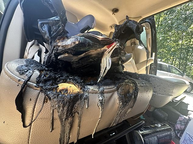 Images from the scene show how the fire had completely melted the child's plastic seat and the leather car seat.