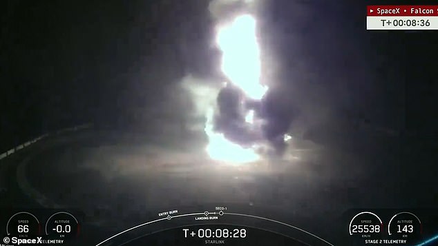 About eight and a half minutes after launch, the booster stage landed on the drone ship 'A Shortfall of Gravitas'. However, the rocket appeared to tip over and explode.