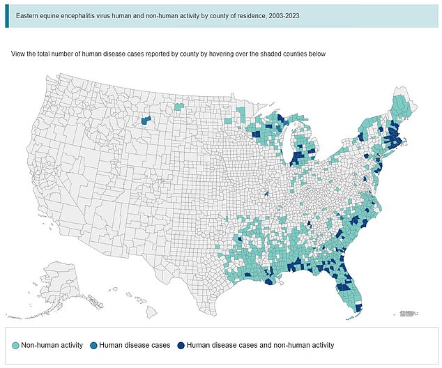 The map above shows counties where EEE has been detected between 2003 and 2023. Dark blue areas represent locations with human cases.