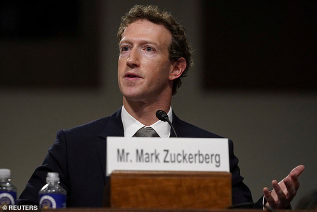 Above, Zuckerberg testifies during the Senate Judiciary Committee hearing on online child sexual exploitation at the US Capitol, in Washington DC, on January 31, 2024.