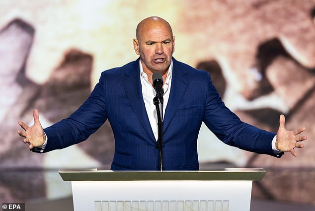 Above, UFC President Dana White delivers remarks during the final day of the Republican National Convention (RNC) at Fiserv Forum in Milwaukee, Wisconsin, on July 18, 2024.