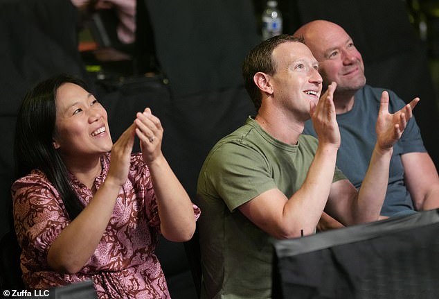 Zuckerberg (center), with his wife Priscilla Chan enjoying a UFC fight with Trump fan and UFC president Dana White during the UFC Fight Night event on October 1, 2022 in Las Vegas