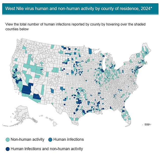 Shown above are all counties where West Nile virus has been detected so far this year.