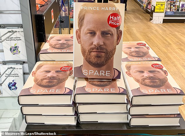 Pictured: Prince Harry's spare memoir for sale in a bookshop in Windsor, Berkshire