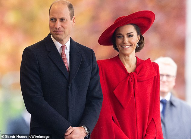 Prince William and Princess of Wales attend a welcome ceremony for the President and First Lady of the Republic of Korea at Horse Guards Parade on November 21, 2017.