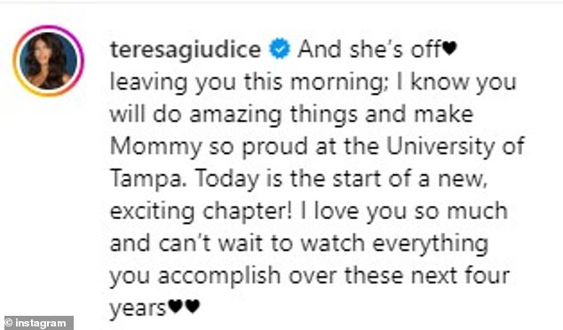 Teresa's post comes two days after she officially dropped Milania off at college and her new home.