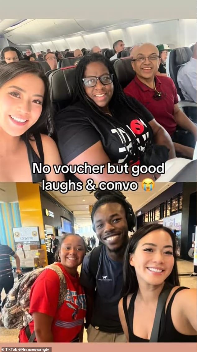 The news anchor's joy turned to disappointment when she learned that the passenger who had been initially kicked out had already taken the voucher, but she made the most of it with her new friends on the plane.