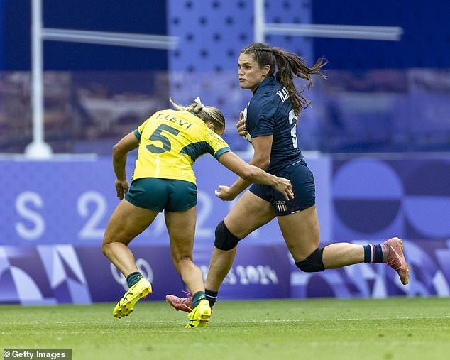 Maher carries the ball during the bronze final rugby 7s match between the United States and Australia