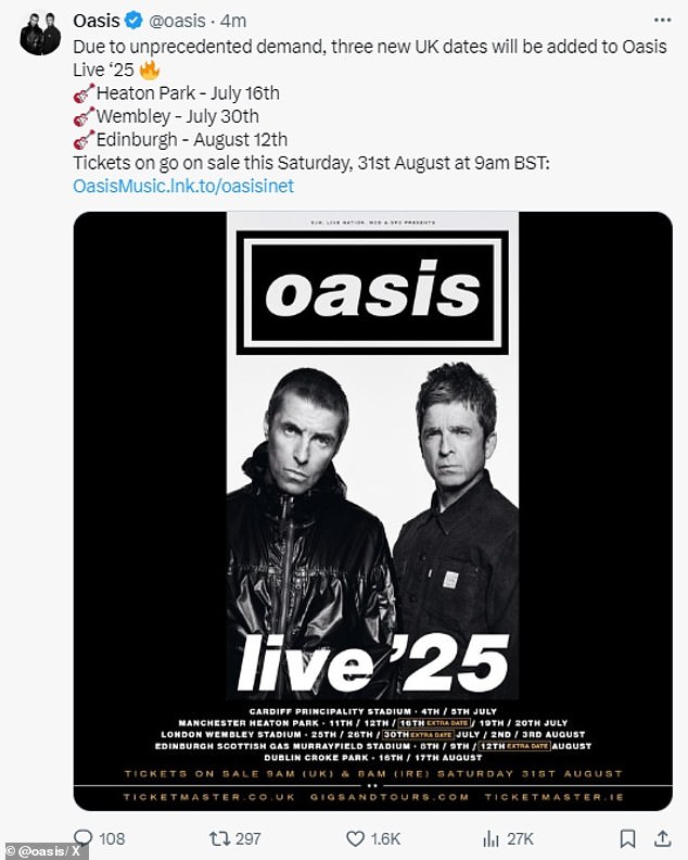 Oasis announced three new UK dates for their reunion tour on Thursday after a demand for tickets 