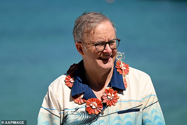 Along with the other leaders, Mr Albanese (pictured) wore a brightly coloured shirt and a traditional Tongan kahoa lei.