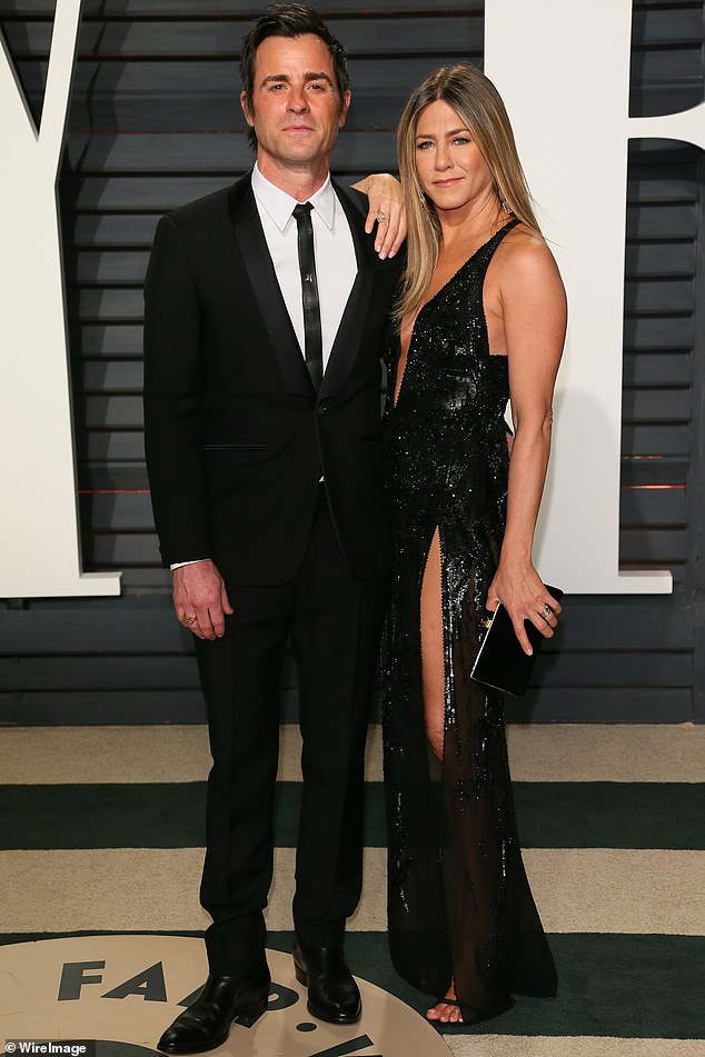 Justin was previously married to Jennifer Aniston, 55. They were married from 2015 to 2017; photographed at the Vanity Fair Oscars party in 2017.