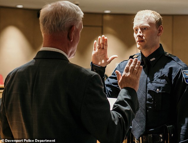 Bock, seen at his swearing-in, was revealed to be a young officer who joined the force last year but already has several fatal encounters with dogs on his record.