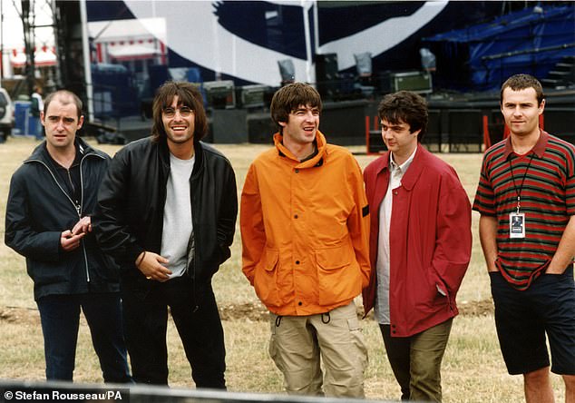 Pictured here, Oasis at Knebworth in 1996. Many Oasis fans are hoping this will be the line-up that appears next year, with Paul McGuigan (second right) on bass and Alan White (far right) on drums. Paul 'Bonehead' Arthurs (far left) is already confirmed to join the brothers, according to reports.