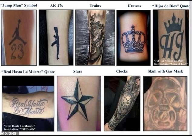 The Tren de Aragua gang tattoos (pictured above) were part of a Department of Homeland Security bulletin recently shared with federal agents.