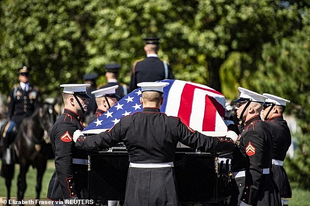 The caisson platoon of the 3rd U.S. Infantry Regiment (The Old Guard), Marines of the "The president himself" The Marine Corps Band and Marines from Marine Barracks Washington, DC (8th and 1st) perform military funeral honors with funeral escort for U.S. Marine Corps Staff Sergeant Darin Hoover in Section 60 of Arlington National Cemetery in September 2021.