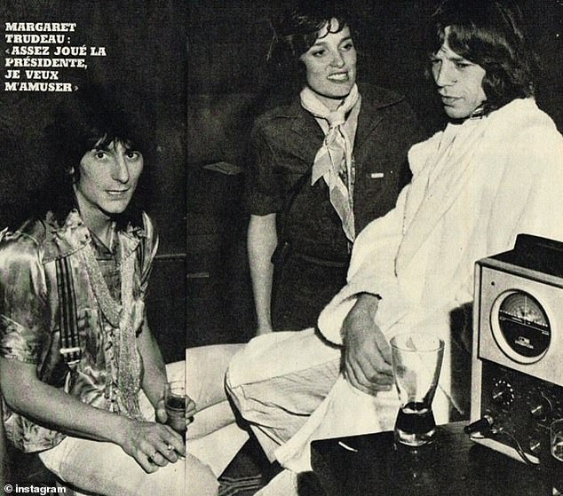 He appeared to be poking fun at his mother Margaret Trudeau and the time she spent partying with the Rolling Stones in the 1970s. Pictured: Margaret (centre) with Jagger (right) and guitarist Ronnie Wood (left)