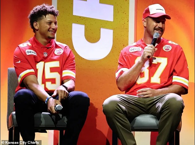 Patrick Mahomes (15) and Travis Kelce (87) participate in a preseason event in Missouri