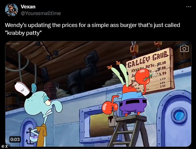 A One X user shared a clip from the cartoon showing Mr. Krabs updating the price of a Krabby Patty to over $100, suggesting that Wendy's will similarly raise its prices.