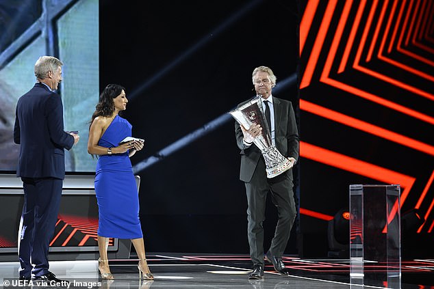 Special guest Glenn Stromberg (right) presented the Europa League trophy to members of the audience at the Grimaldi Forum in Monaco.