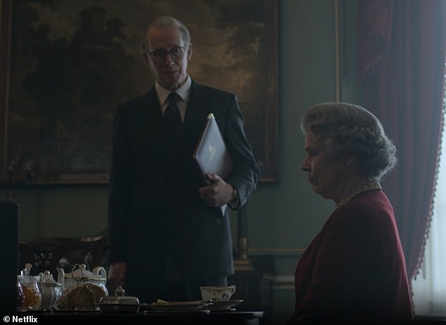 Lord Fellowes was played by Andrew Havill (centre) alongside Imelda Staunton as the Queen.