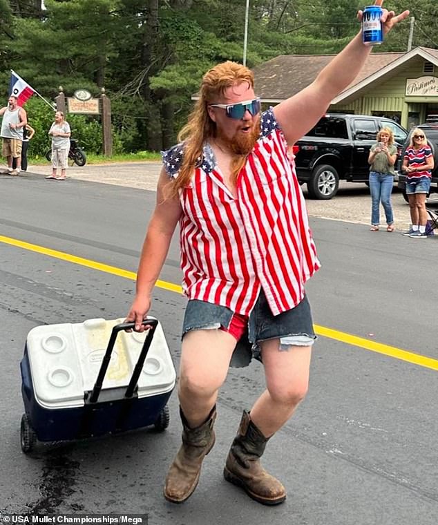 2024 U.S. Mullet Championships "Mane event" Finalist Nathan Lofy of Sayner, Wisconsin, with his mullet "Ginga J"