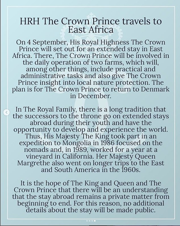 The Palace announced on its Instagram account that Prince Christian is going to East Africa to work on a farm.