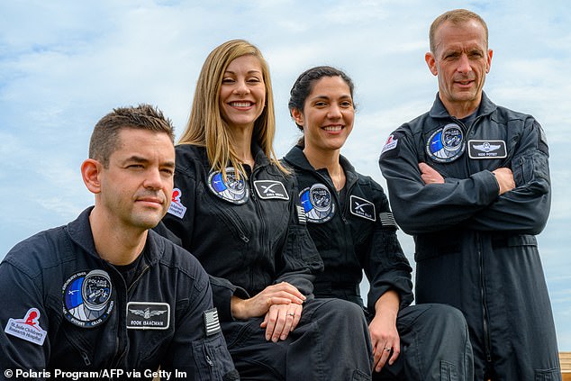 The Polaris Dawn mission crew includes (from left) billionaire Jared Isaacman, SpaceX engineers Anna Menon and Sarah Gillis, and Air Force Lt. Col. Scott Poteet.