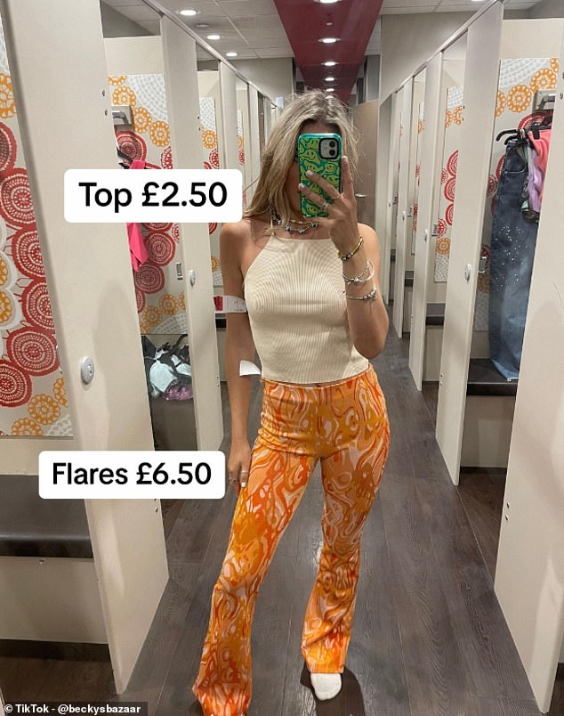 A follow-up video shows Becky trying on various items from the sale, including tops for 70p, jeans for £6, cargo pants for £8 and more.