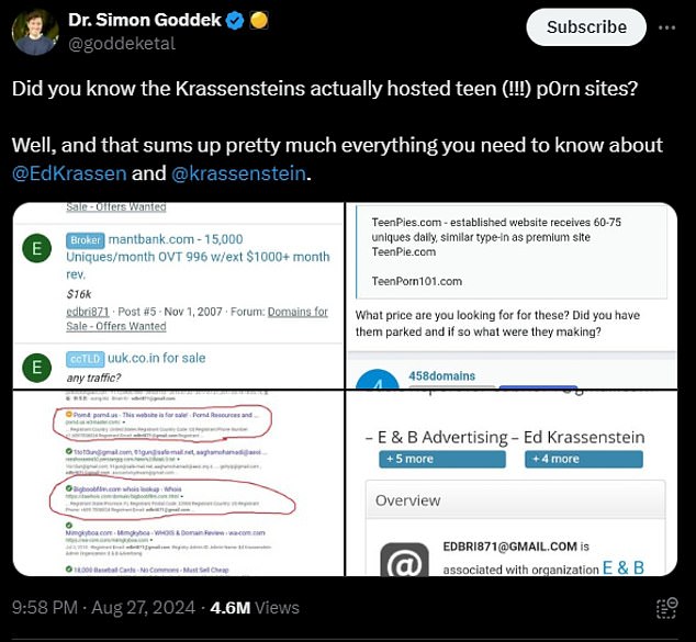 Right-wing science writer Dr Simon Goddek took to X this week to share screenshots that appeared to show Ed's email address being linked to several teen porn sites, including '17onlygirls.com'.