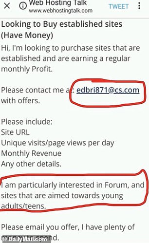 A screenshot posted showed a post from user 'edbri871' who was 'looking to buy sites that are established and generating regular monthly profits.'