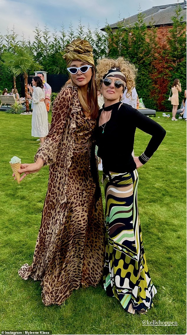 Myleene was also joined by interior designer Kelly Hoppen, who looked chic in a graphic print maxi skirt and headscarf.