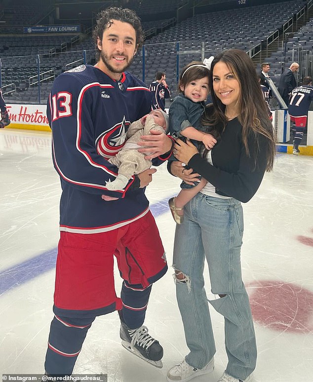 NHL star Johnny Gaudreau was tragically killed in a bicycle accident with his brother after being hit by an alleged drunk driver (pictured: Gaudreau with his wife Meredith and their two children)