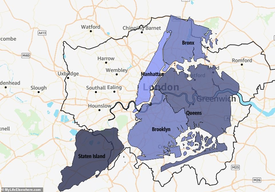 New York City, including its five boroughs, covers 781 km2 (301 m2). It's huge, but London is twice as big (1,572 km2/606 m2)