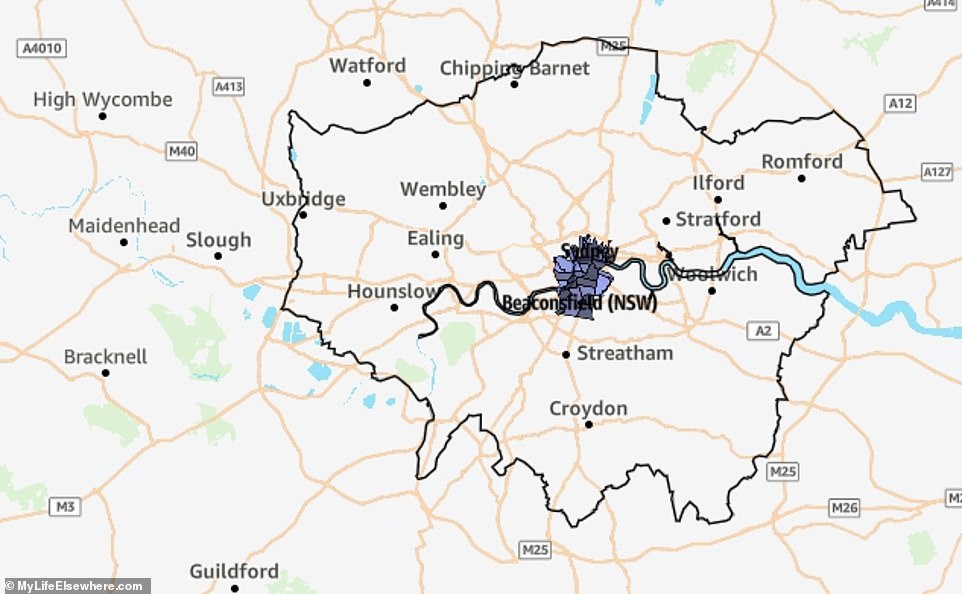 Sydney covers around 27 square kilometres (10 square metres), meaning London is 59 times larger.