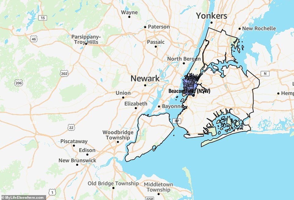 New York City (781 km²/301 m²) swallows Sydney, and the Australian city occupies approximately half of Manhattan.