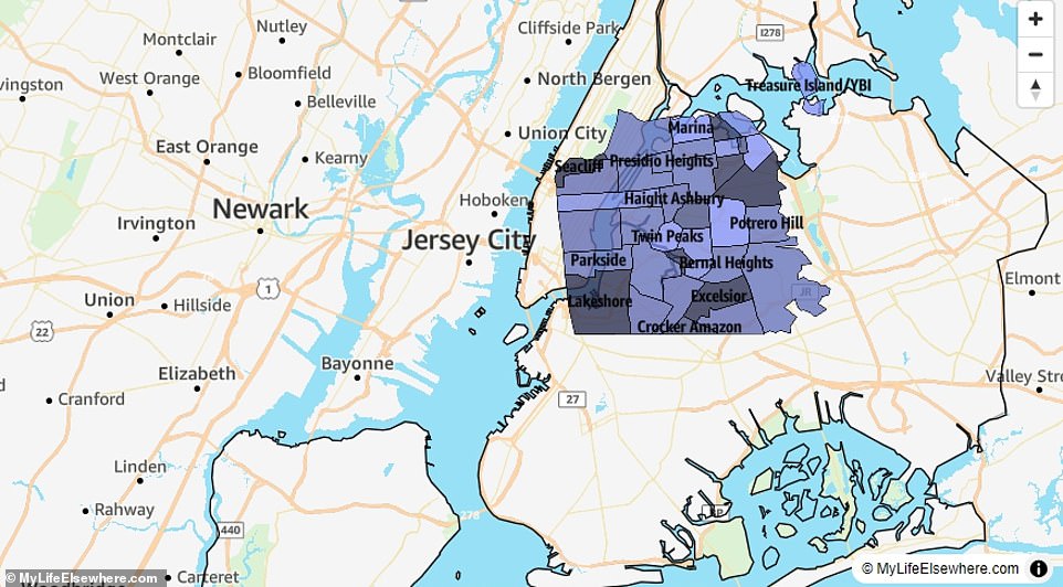 New York City (781 km²/301 m²) is approximately six times larger than San Francisco (121 km²/46 m²)