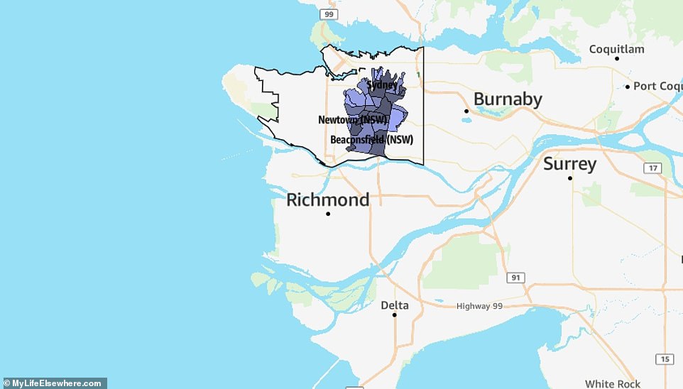 Vancouver covers 124 km2 (47 m2), making it 4.6 times larger than Sydney (27 km2/10 m2)