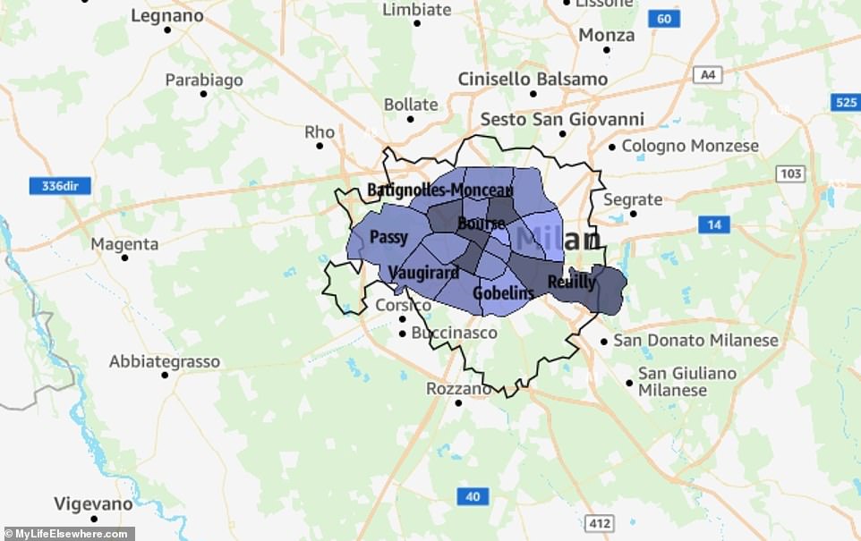 Milan, with 182 km²/70 m², is 1.7 times (72 percent) larger than Paris (105 km²/40 m²)