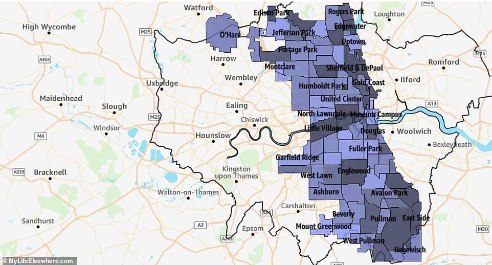 Chicago, the third-largest US city by population, covers 590 square kilometres (227 square miles), but is no match for London, which is 2.7 times larger.