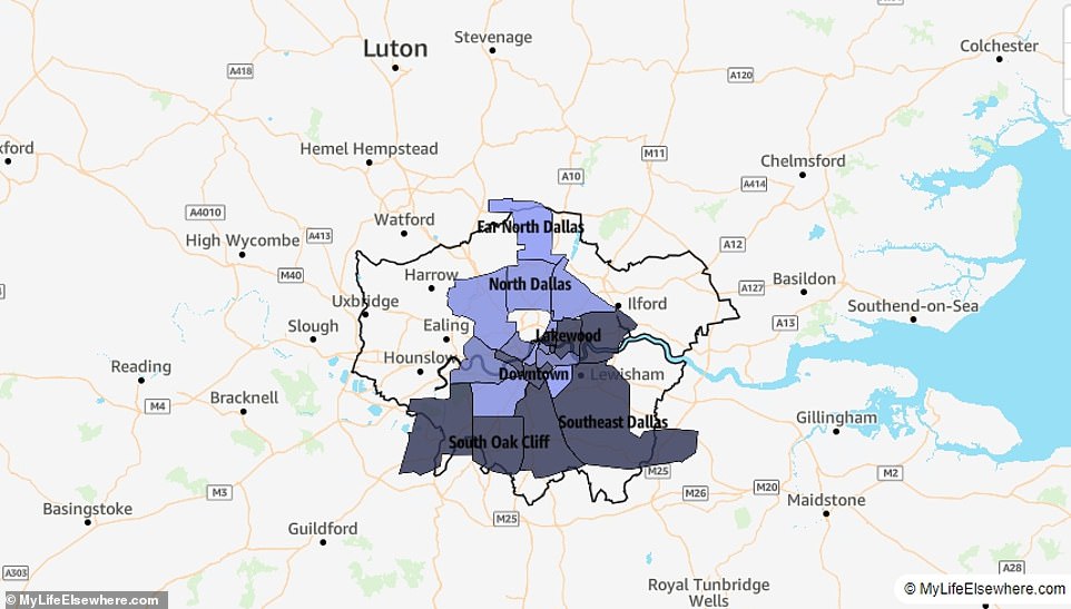 Dallas covers a massive 880 square kilometres (339 square metres), but London is 79 percent larger (or 1.8 times larger).