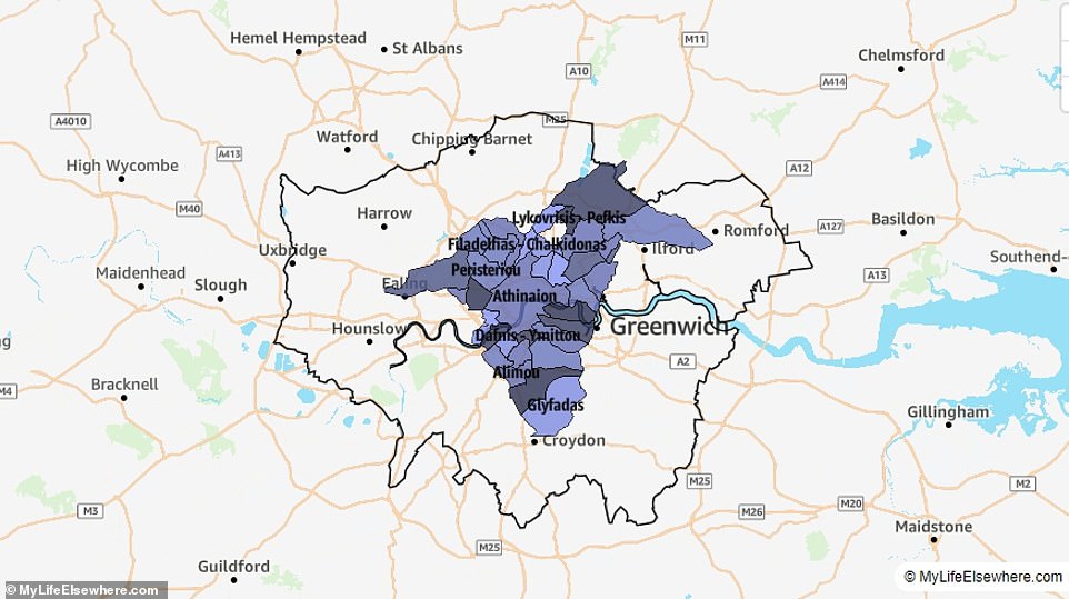 Athens covers 412 square kilometres (159 square miles) and easily fits inside London, which is 3.8 times larger.