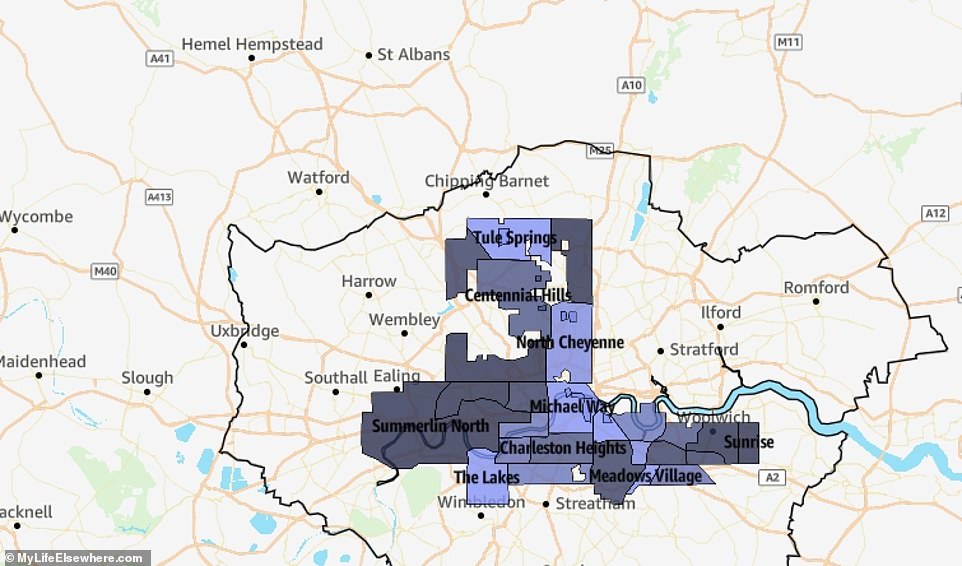 London is 4.3 times larger (328 percent) than Las Vegas, covering 367 square kilometers (141 square meters)