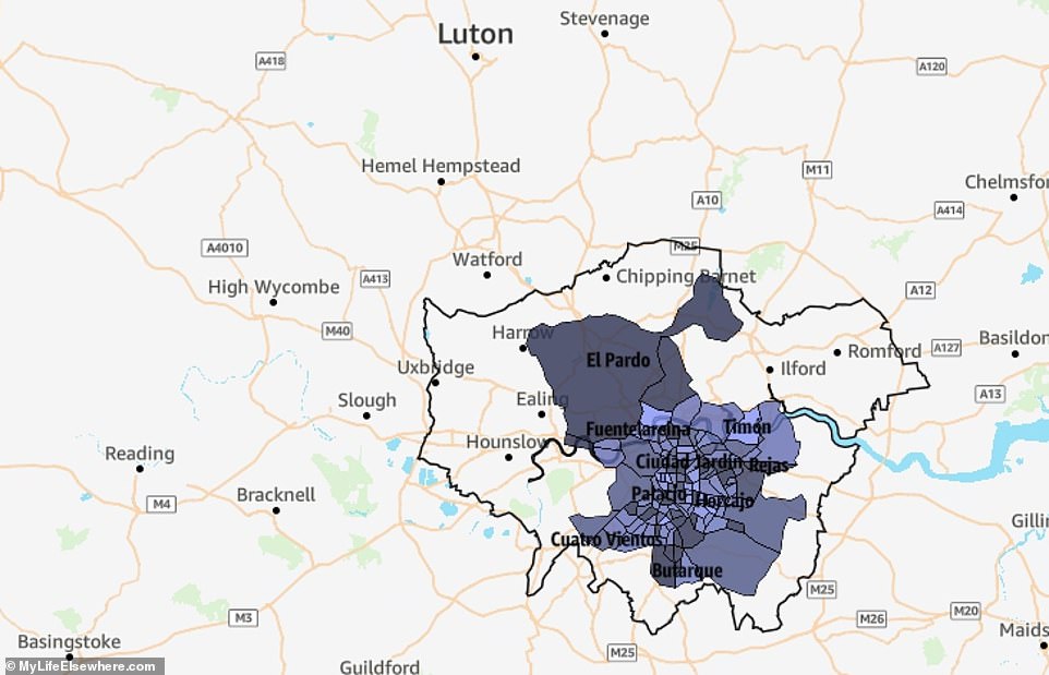 London (1,572 km²/606 m²) is 2.6 times (160 percent) larger than Madrid, which covers 604 km² (233 m²)