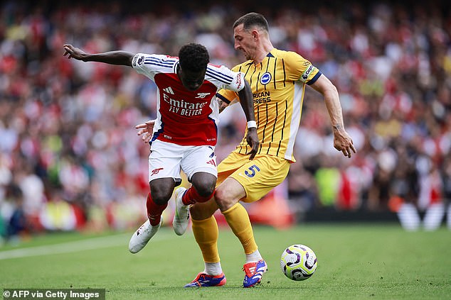 Lewis Dunk was outplayed by Saka in the build-up to the opening goal in north London