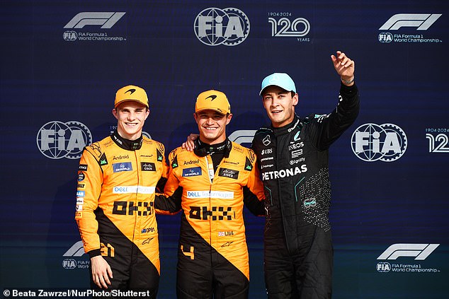 Team-mate Oscar Piastri completes the front row for an all-McLaren one-two with Mercedes' George Russell securing P3 ahead of Charles Leclerc in the first of the two Ferraris.