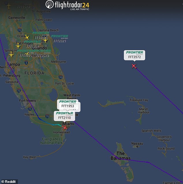 Flight tracking data (pictured) revealed that flight FFT3572 took off from San Juan, Puerto Rico and was over the ocean at the same altitude reported by the pilot.